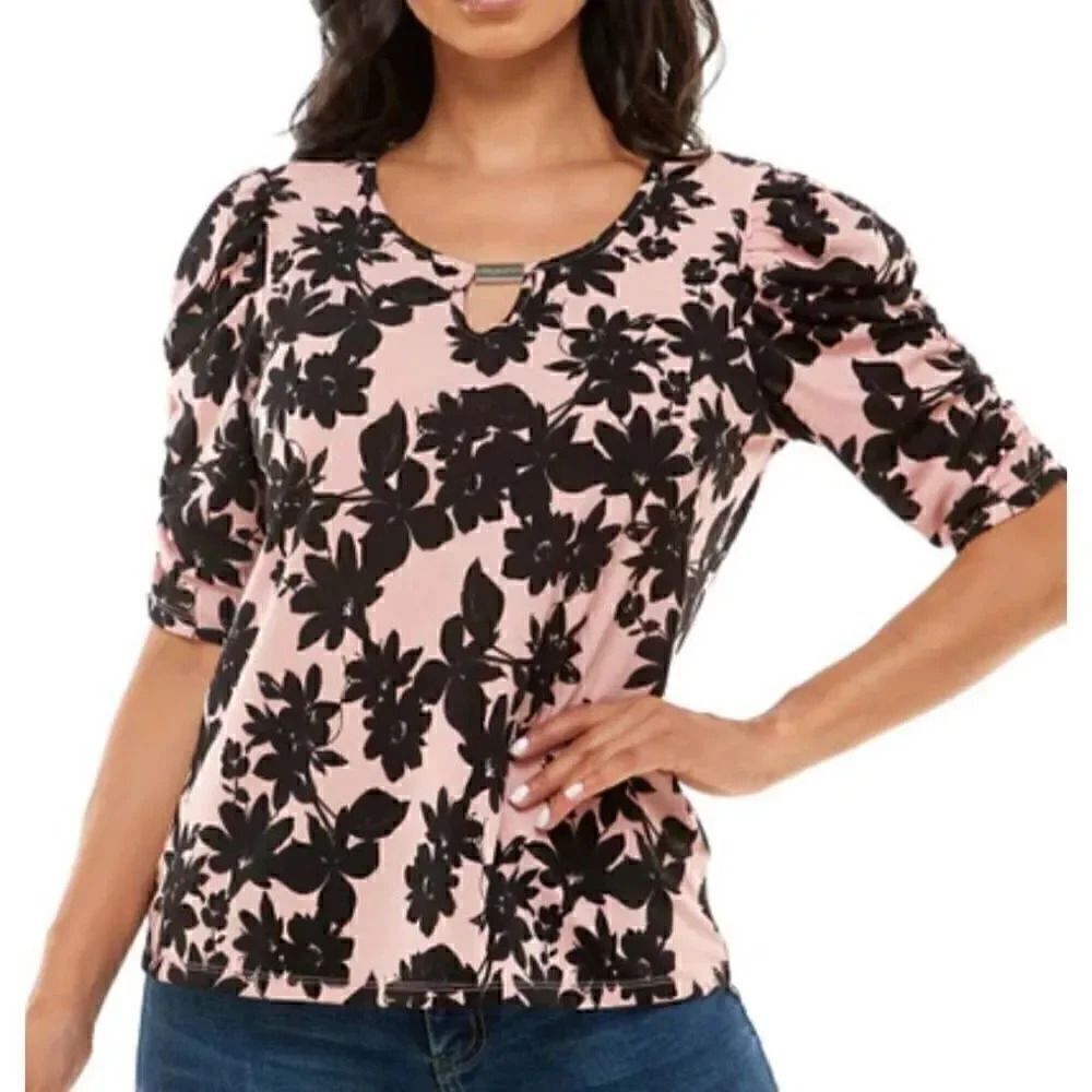 Adrienne Vittadini Ladies Pink & Black Floral Ruched Elbow Sleeve Blouse - Size
